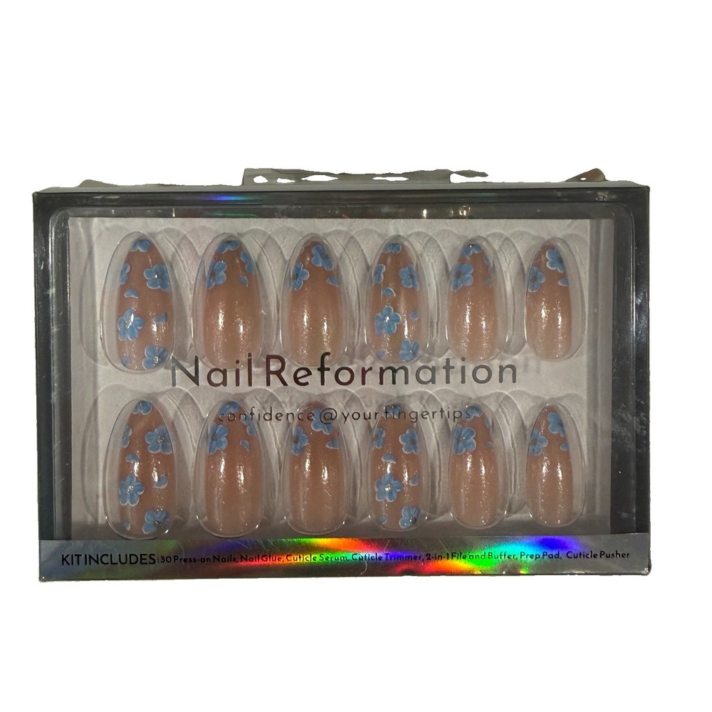Nail Reformation Blue Floral Flower Medium Almond Shape Press On Nails Kit NEW